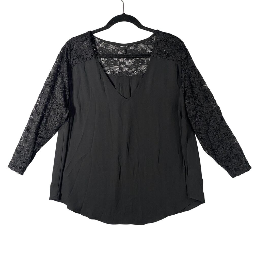 Torrid Georgette V Neck Black Lace Long Sleeve Blouse Shirt Womans Size 1X